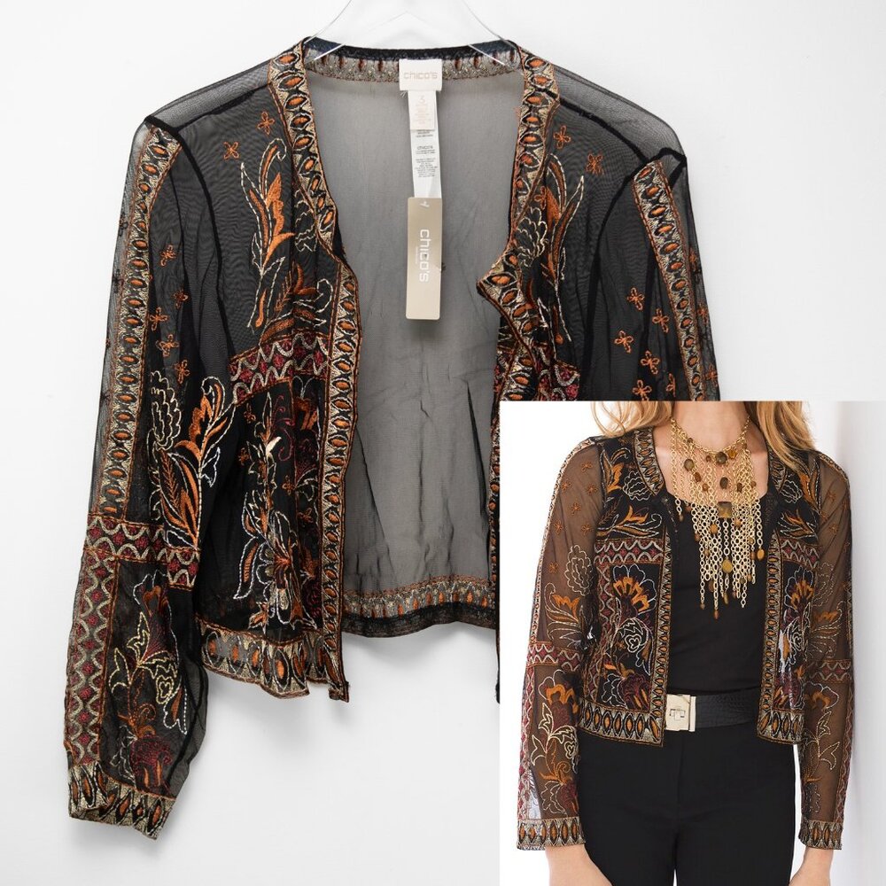 Chico's Embroidered Bolero Sheer Open Front Long Sleeve Size 3 Petite XL New